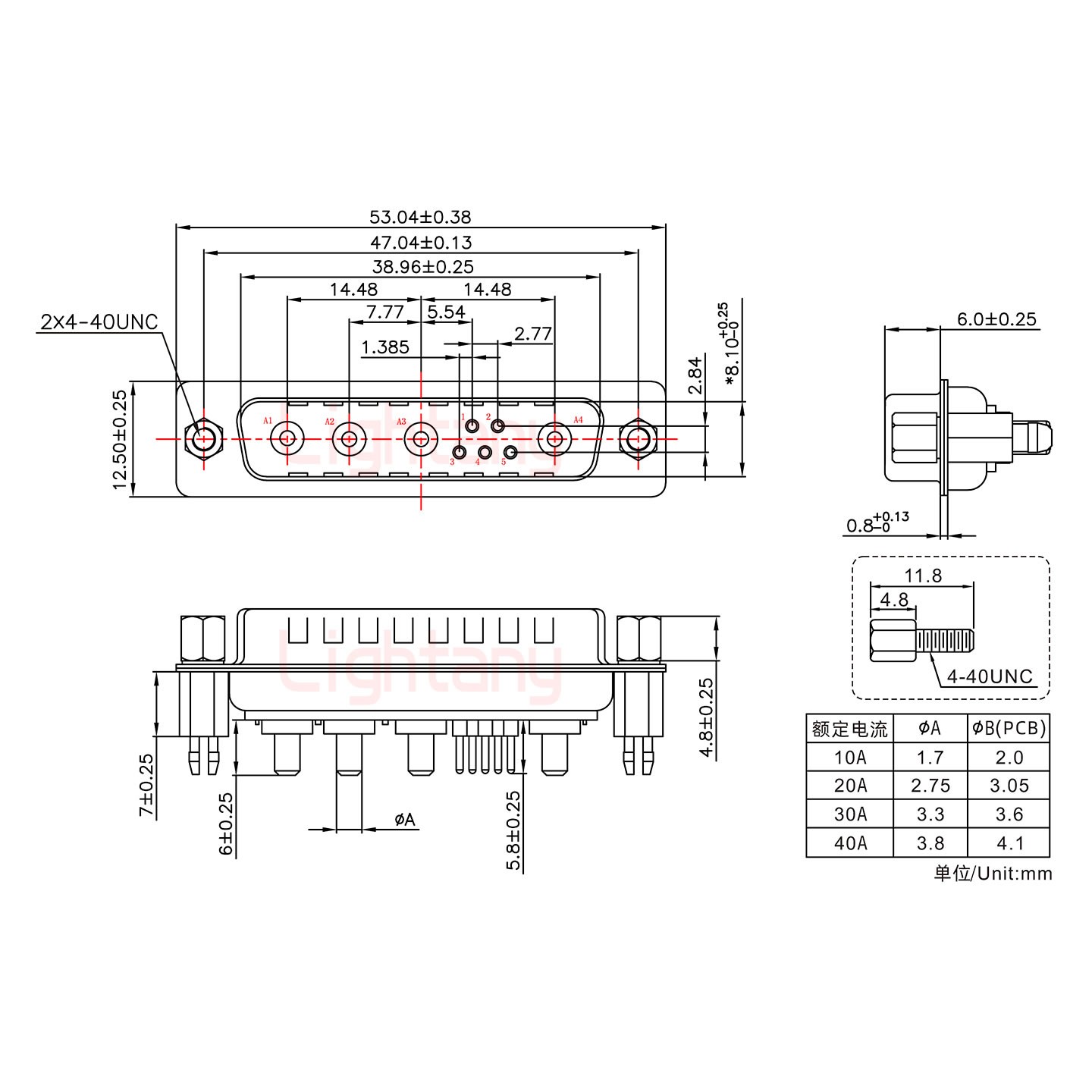 9W4公PCB直插板/鉚魚叉7.0/大電流30A