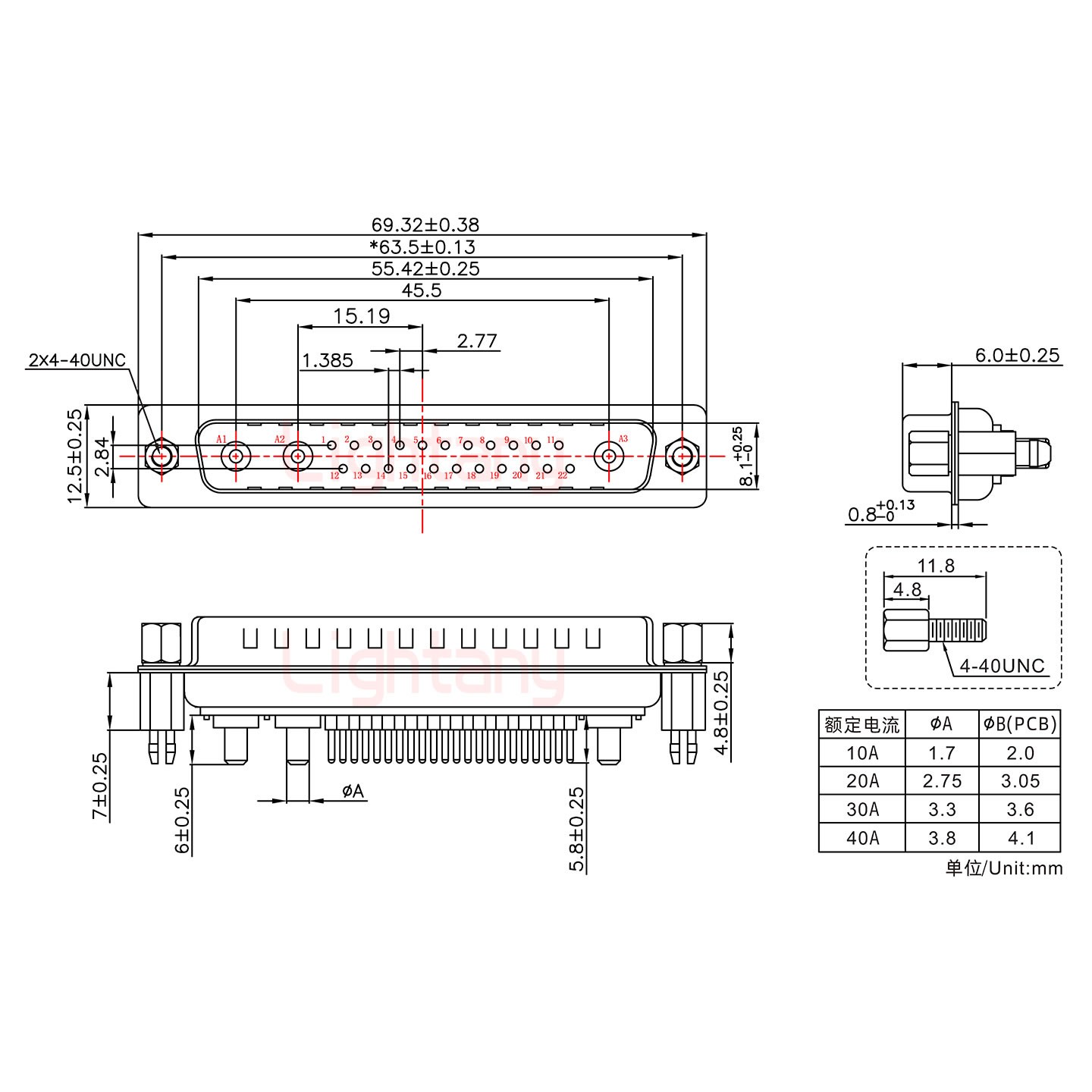 25W3公PCB直插板/鉚魚(yú)叉7.0/大電流10A