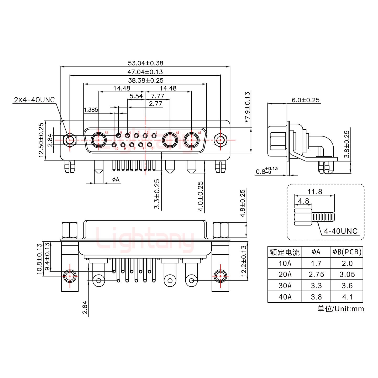 13W3母PCB彎插板/鉚支架10.8/大電流40A