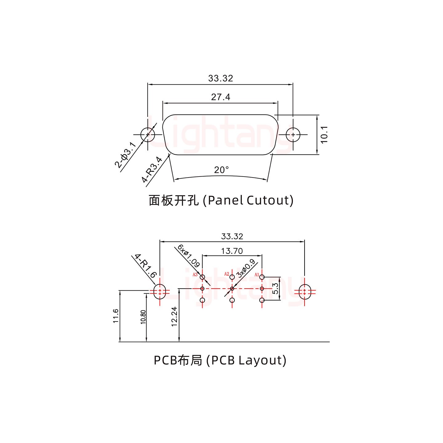 3W3母PCB彎插板/鉚支架11.6/射頻同軸50歐姆