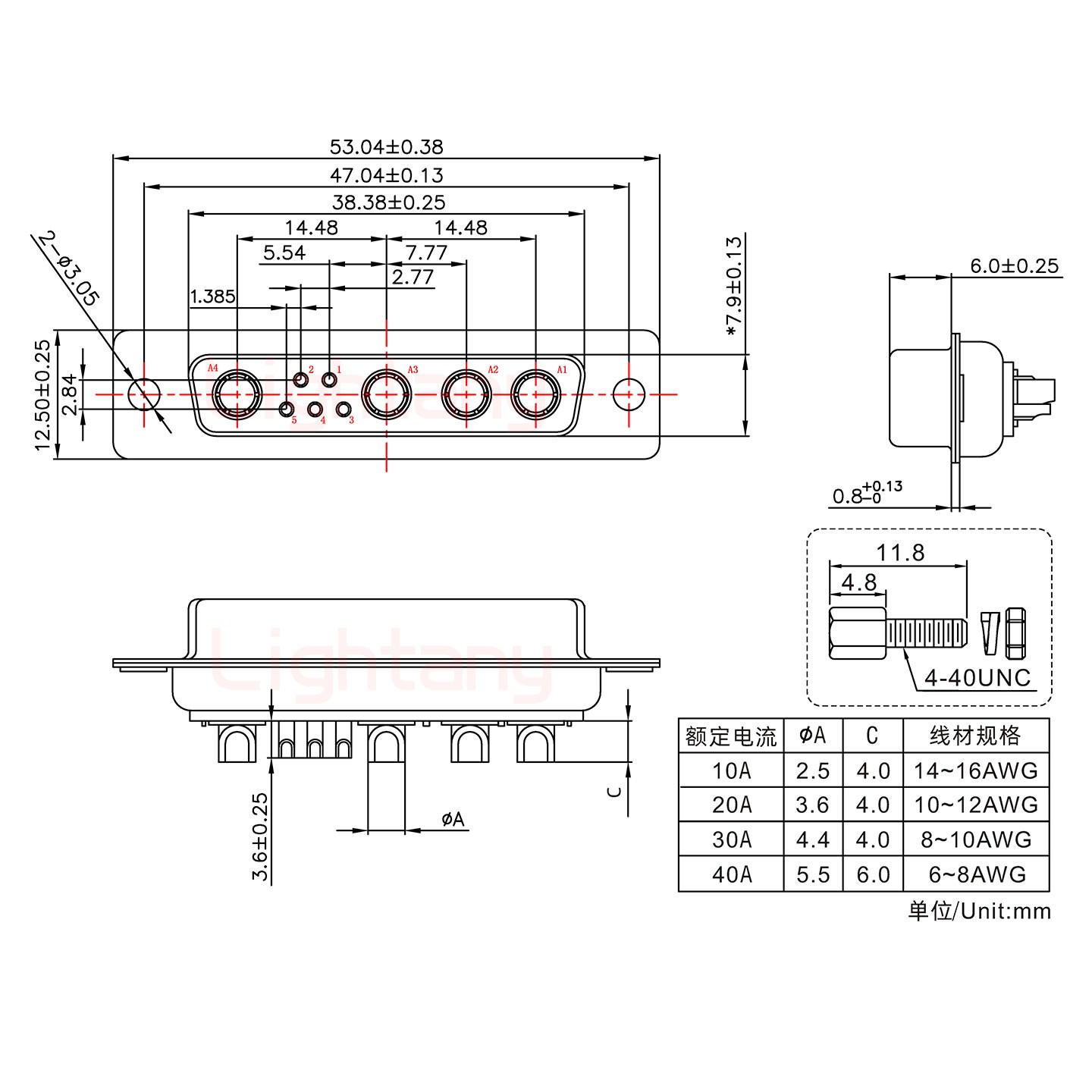 9W4母短體焊線(xiàn)/配螺絲螺母/大電流20A
