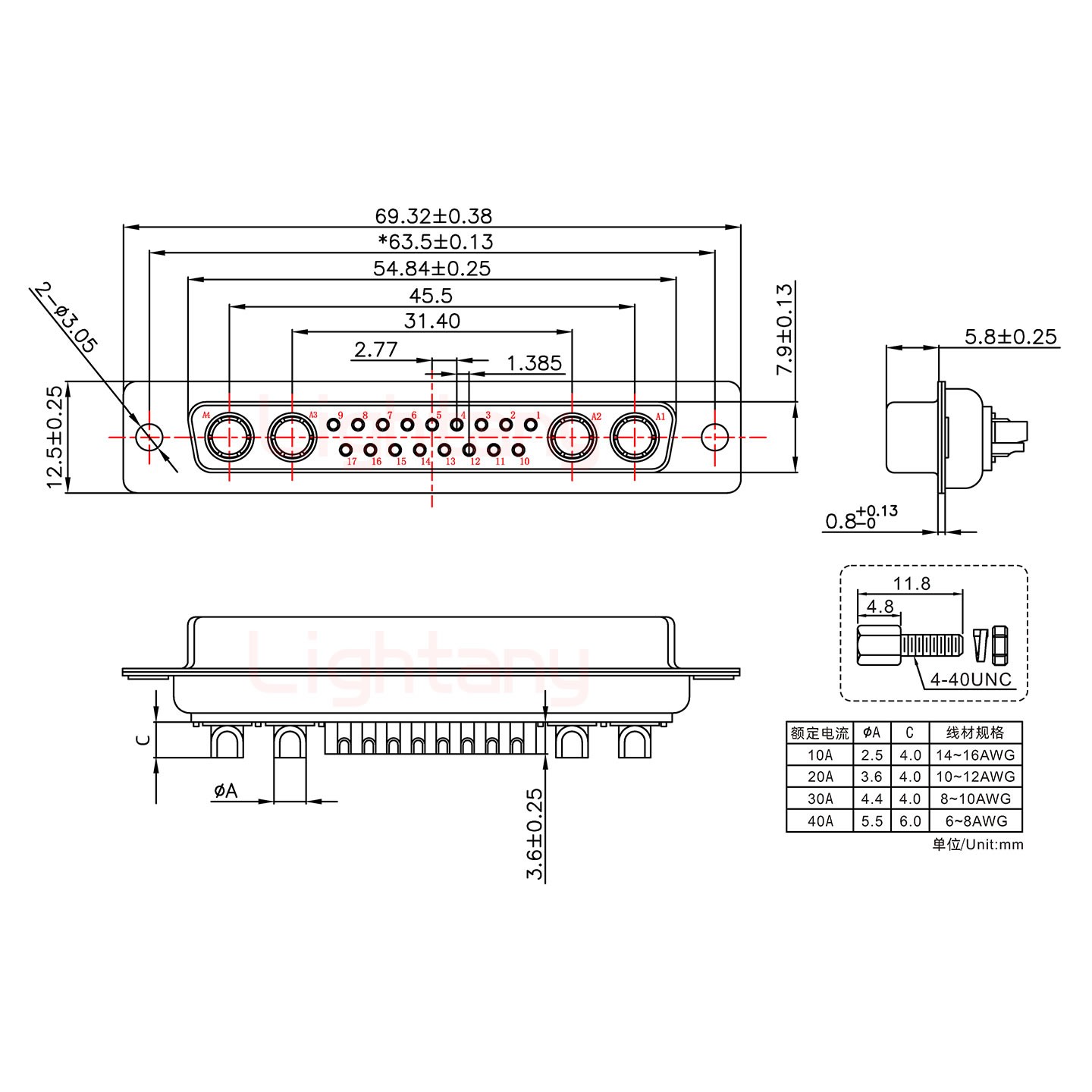 21W4母短體焊線(xiàn)/配螺絲螺母/大電流40A