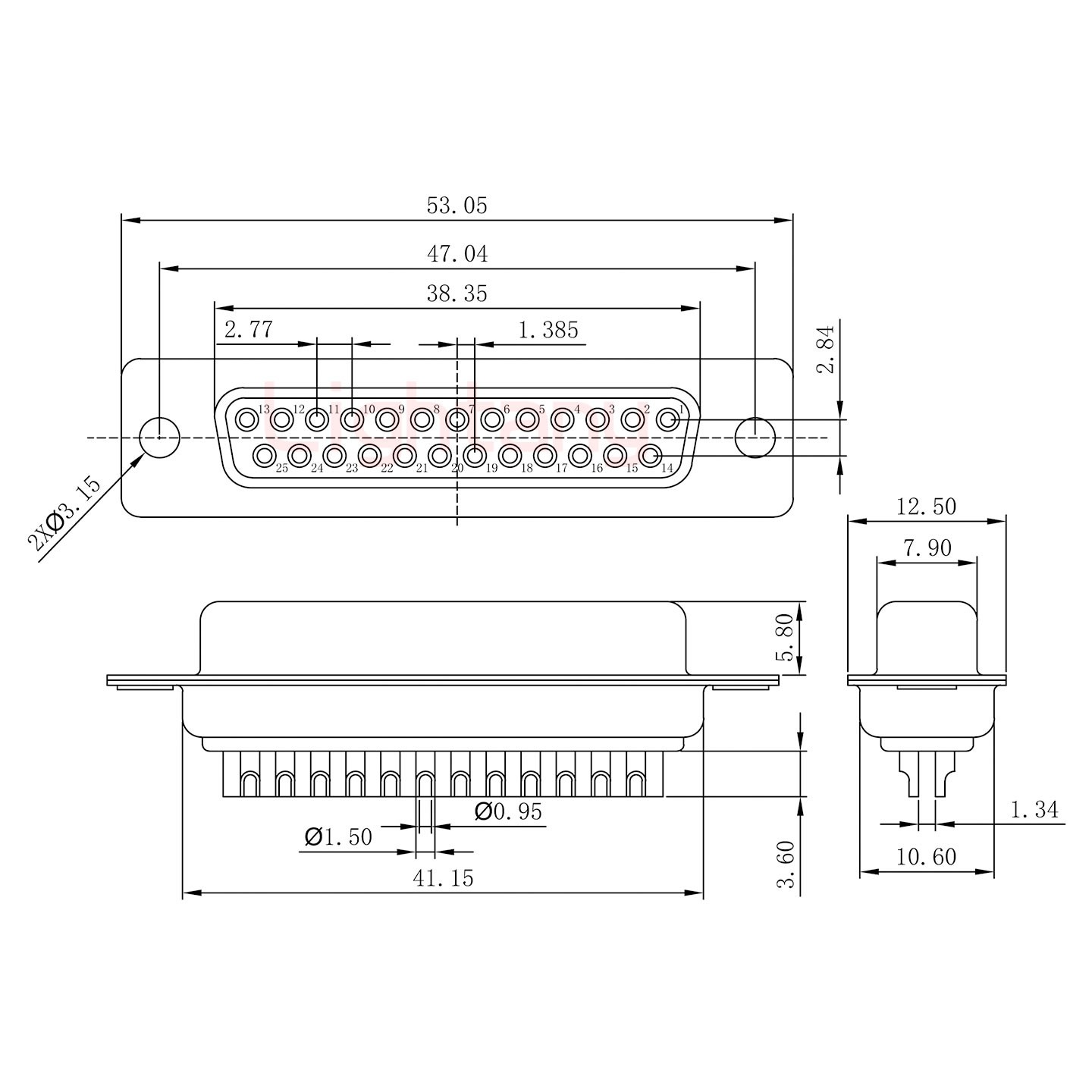 DB25母焊線+金屬外殼1015彎出線4~12mm