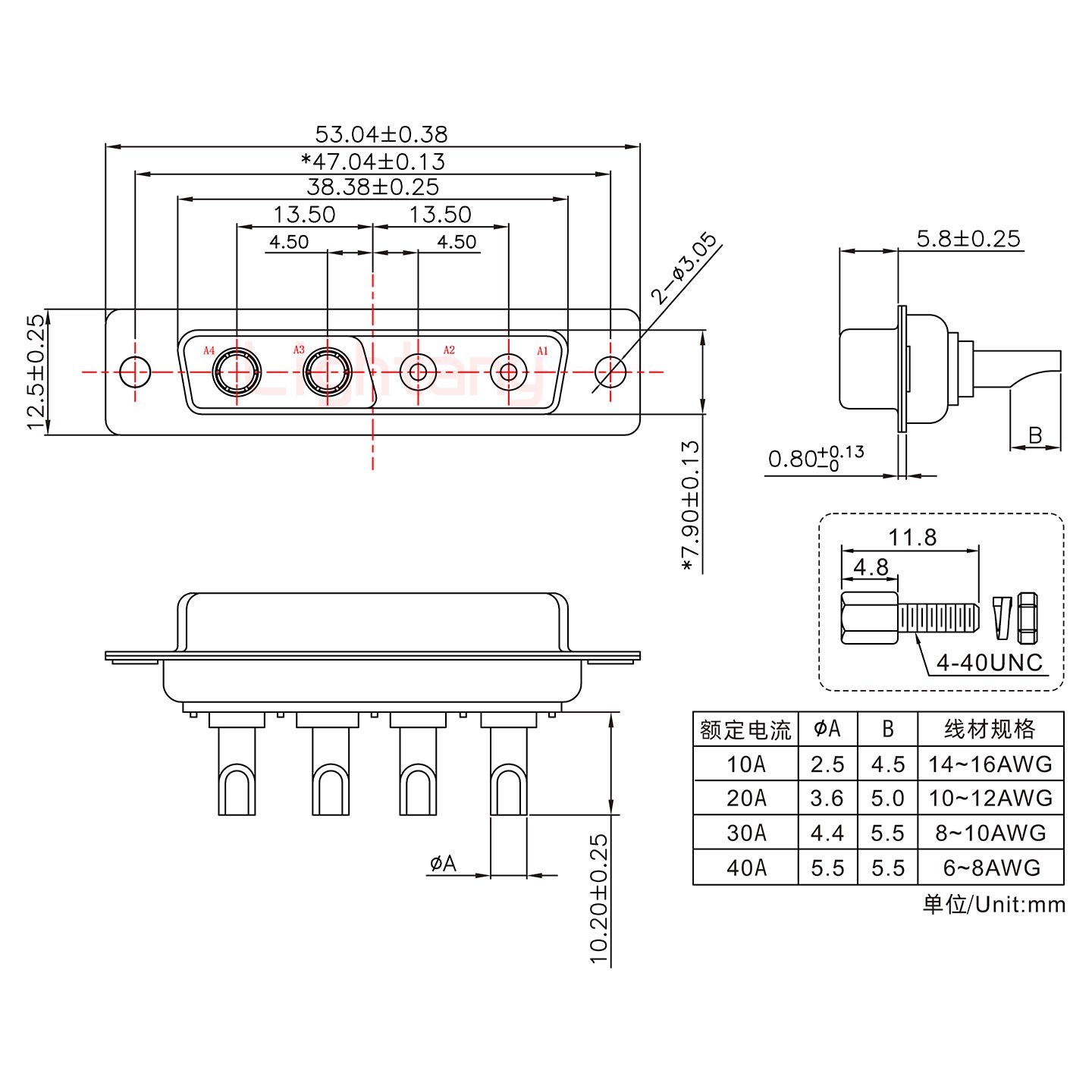 4V4母長體焊線/配螺絲螺母/大電流30A