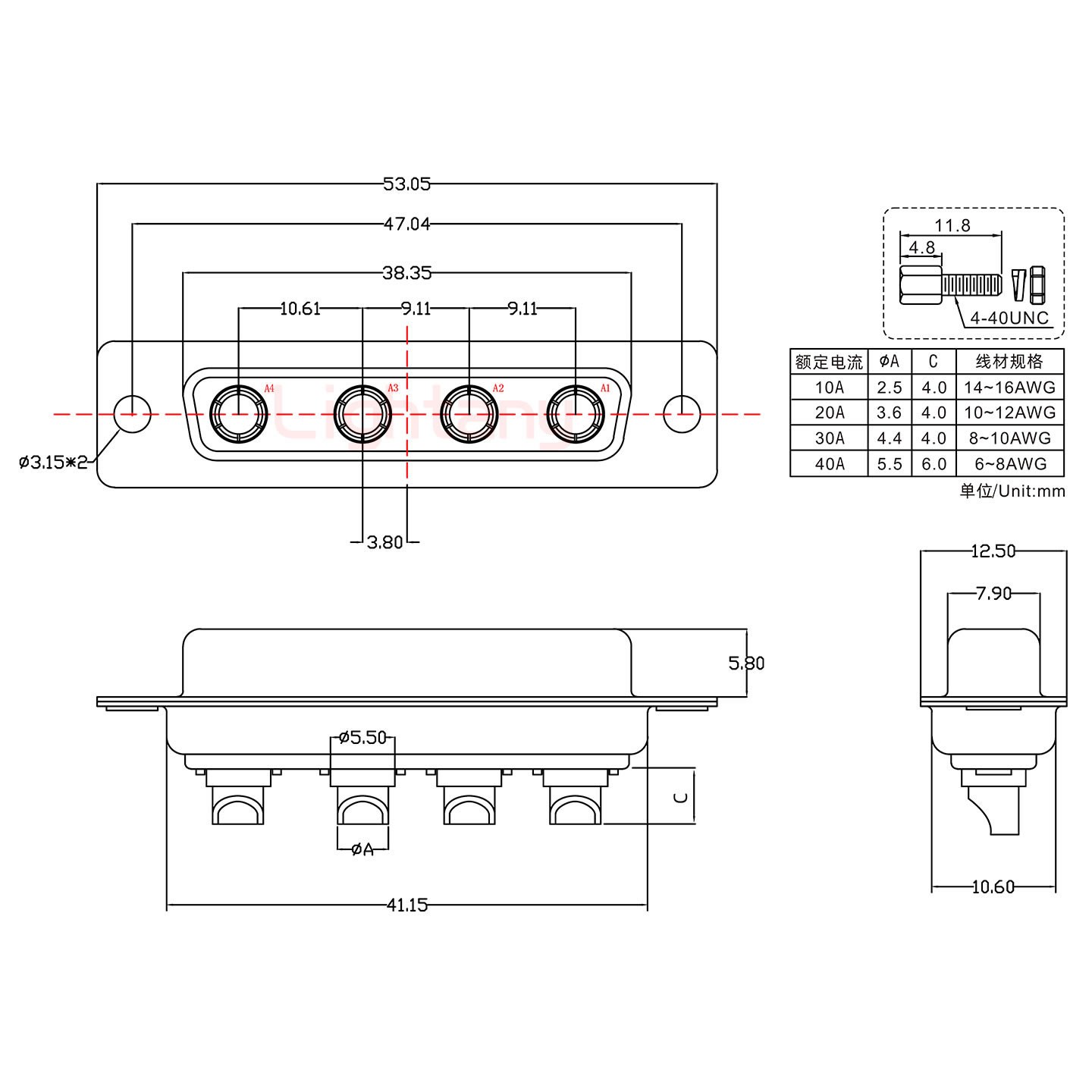 4W4母短體焊線/配螺絲螺母/大電流30A
