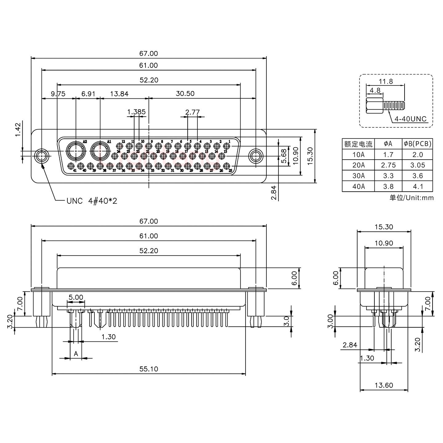 43W2母PCB直插板/鉚魚(yú)叉7.0/大電流20A