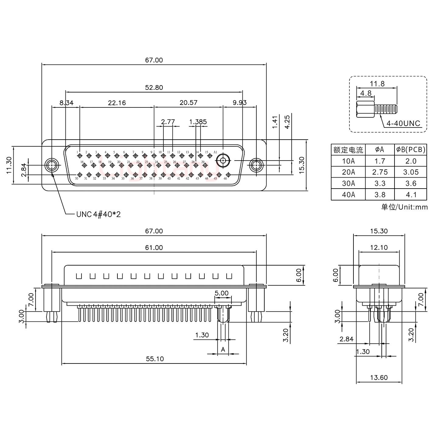 47W1公PCB直插板/鉚魚(yú)叉7.0/大電流10A