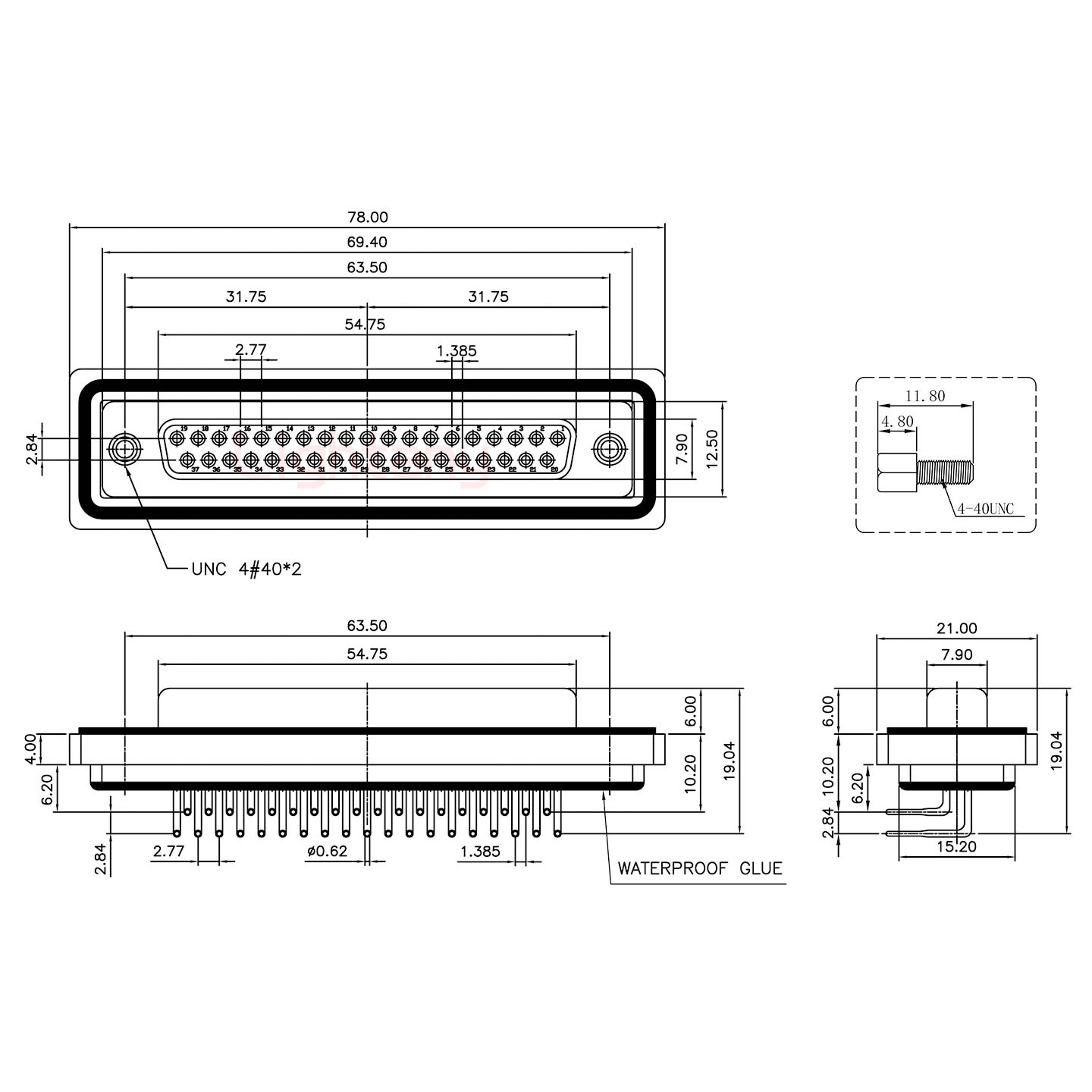 防水DR37 母 彎插板 鎖螺絲 車(chē)針