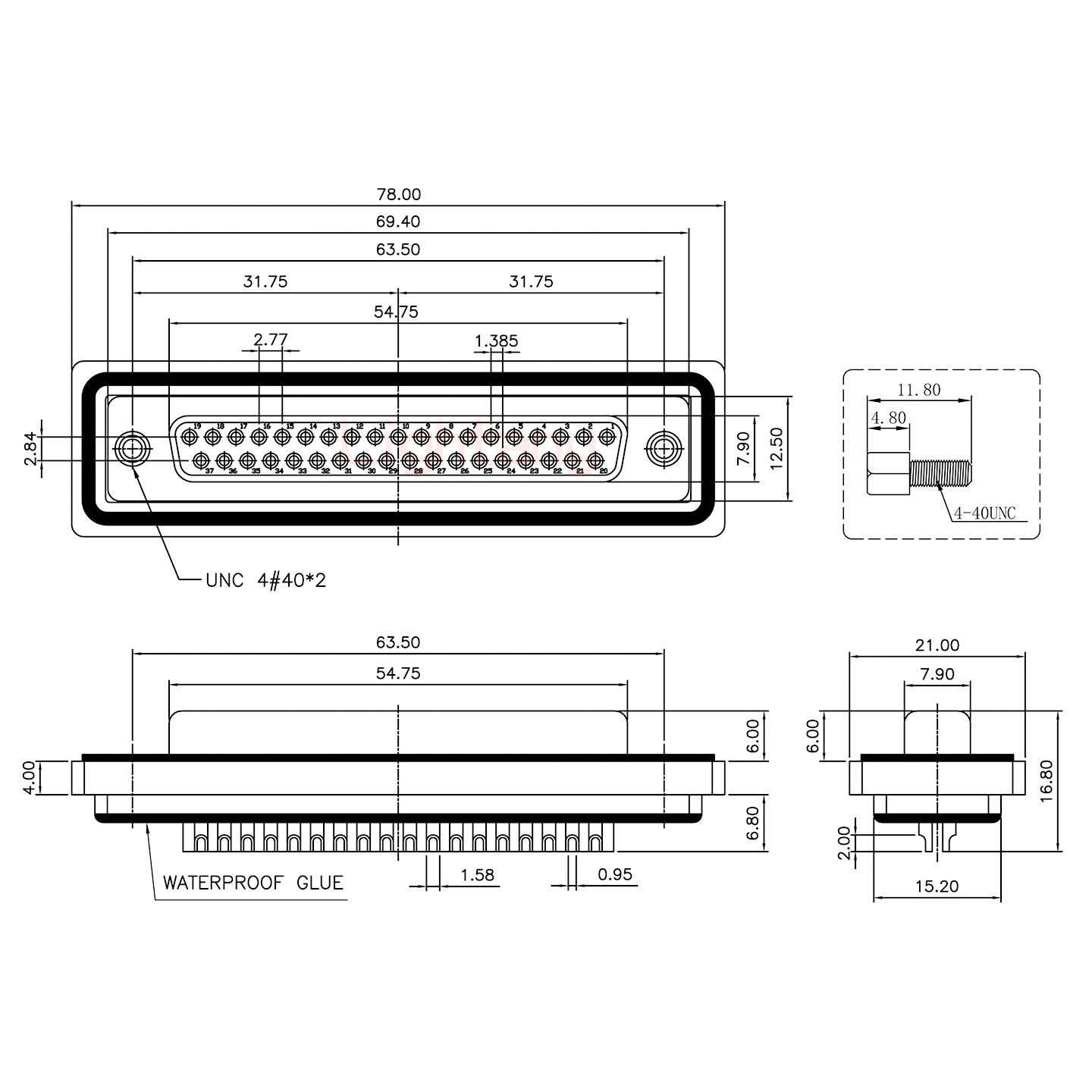 防水DB37 母 焊線式 鎖螺絲 車(chē)針