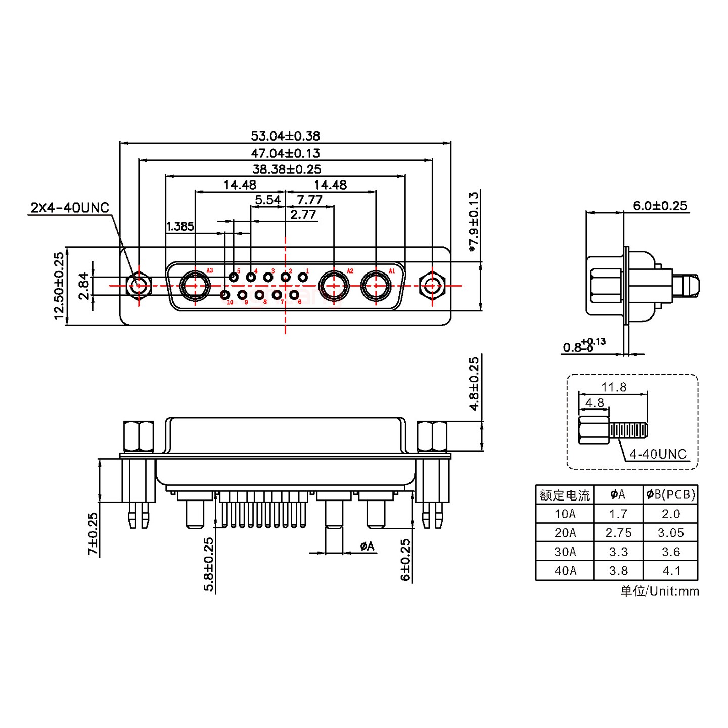 13W3母PCB直插板/鉚魚叉7.0/大電流20A