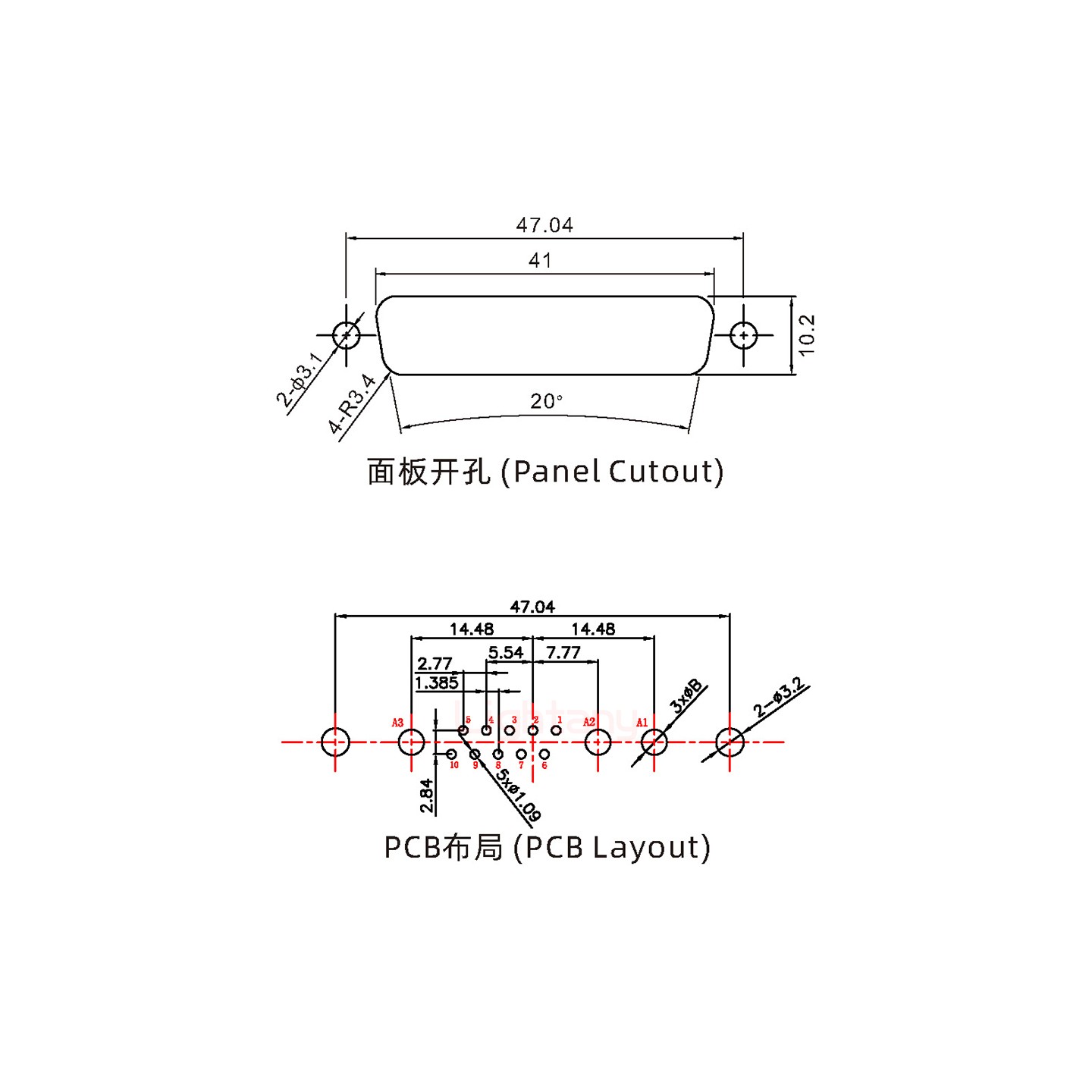 13W3母PCB直插板/鉚魚叉7.0/大電流20A
